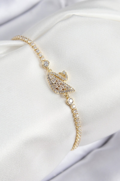 calperia Pirinç Zirkon Taşlı Kuğu Model Gold Renk Kadın Bileklik - TJ-BB7691