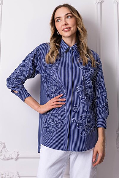 Moodbasic Cămașă cu dungi și broderie cu șnur