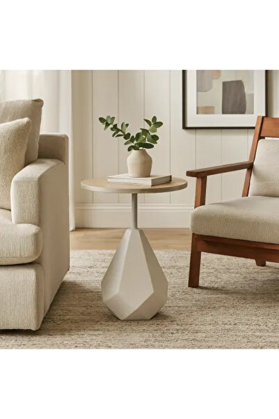 Palma homez Modern Round Side Table with Wooden Top and Beige Geometric Base