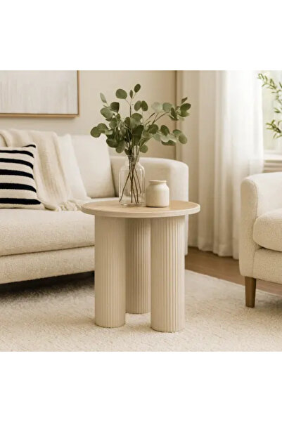 Palma homez Round Side Table with Three Legs and Wooden Top - Beige - 45 x 53 cm