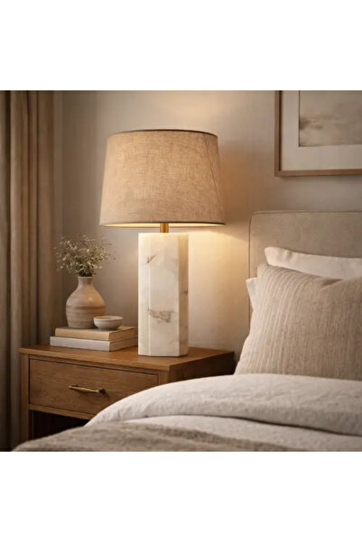 Palma homez Table Lamp - Natural Marble Base and Fabric Shade - Beige and Bro...