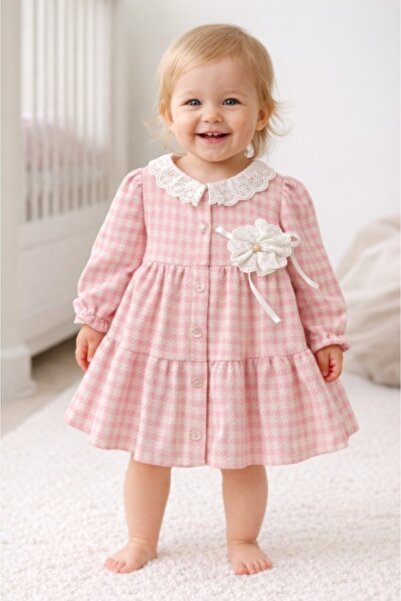 Pure Boutique Rochita bebe fetita roz eleganta cu guler dantela si floare dec...