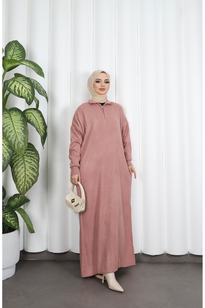 NİSUM MODA Corded Fabric Zippered Knitwear Dress