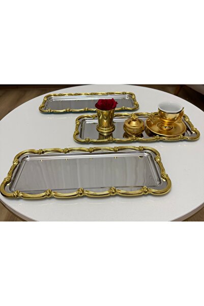 SEVA ÇELİK Steel Rectangular 3 Piece Presentation Tray with Gold Frame 13*33 cm