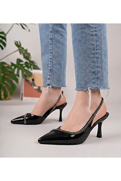 DUDYEN SHOES حذاء نسائي بكعب ستيليتو مفتوح من الخلف مصنوع من الجلد الأسود الل...