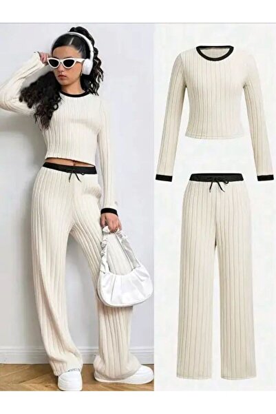 VESTIR BIEN Set pentru fete din țesătură ribbită, fără imprimeu, bej și negru...