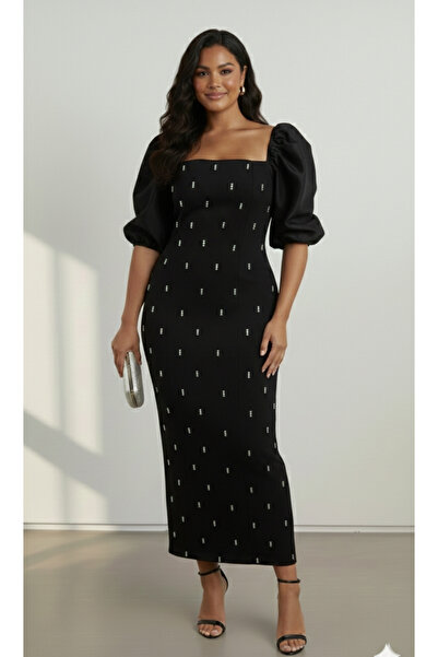 QETEENN Saten Balon Kollu İnci Detaylı Büyük Beden Abiye Elbise