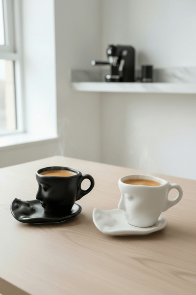 Mithra Life 2 Pieces 110 ml Black and White Ceramic Turkish Coffee Cup Set Mi...