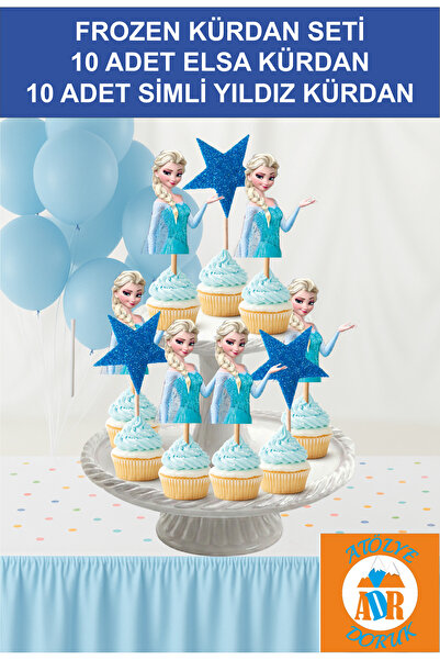 Atölye Doruk 20 ADET Elsa Pasta Kürdanı-Mavi Yıldız Cupcake Kürdanı-Frozen Do...