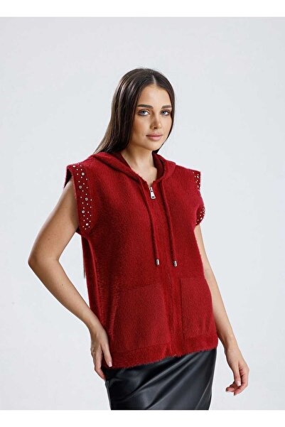 PEKA kadın fermuarlı kapüşonlu angora yumuşak dokulu triko suveter yelek