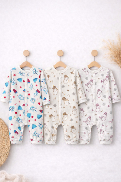 Mk Kids Bebek Desenli Tulum 3’lü Set – Uzun Kollu, Çıtçıtlı, %100 Pamuk – 0-6 Ay