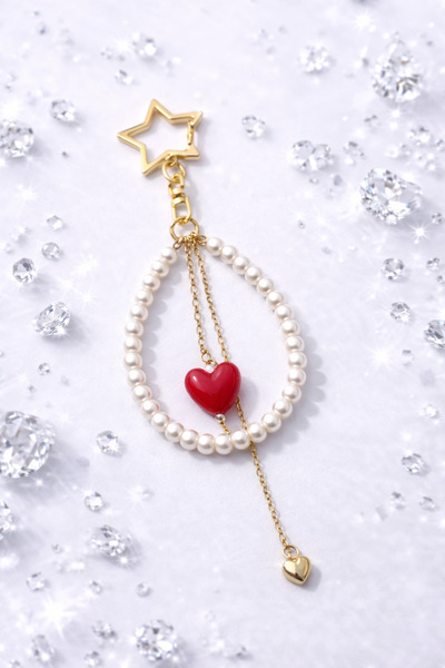 NevoAccessory Red Heart Figured Pearl Beaded Gold Bag Accessory
