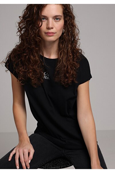 Colin's Regular Fit Round Neck Printed Women's Black Short Sleeve T-Shirt