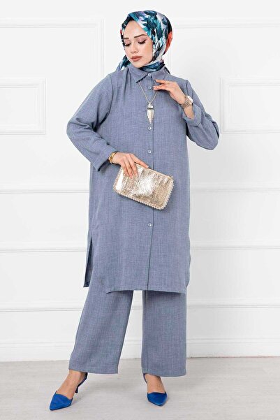 EBRUTESETTÜR Linen Long Double Hijab Set Gray