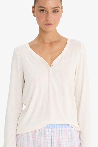 DeFacto Μακρυμάνικο μπλουζάκι πιτζάμας με V-λαιμόκοψη και κανονική εφαρμογή -...