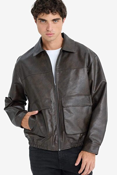 DeFacto Oversized Shirt Collar Zippered Faux Leather Coat E8822Ax25Au