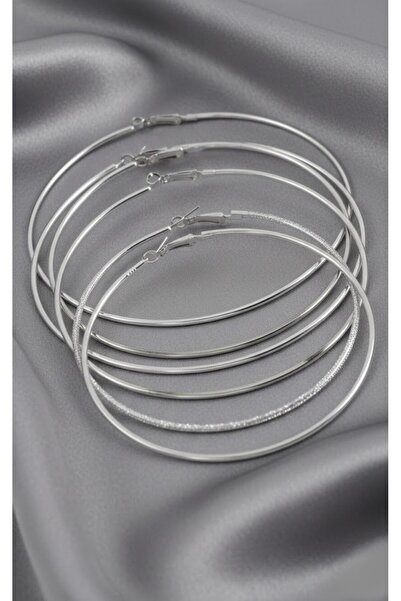 KANERUZ Silver Color Flat Metal Hoop Earrings 6 Pcs (Product Diameter 8-9-10 cm)