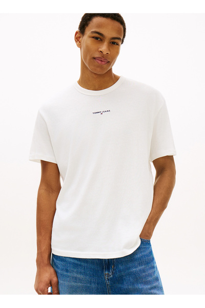 Tommy Jeans Bisiklet Yaka Düz Ekru Erkek T-Shirt DM0DM21110YBL Ekru T-Shirt