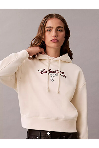 Calvin Klein Women's Hooded Collar Ck Printed Long Sleeve Relaxed Fit White S...