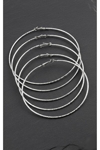 KANERUZ Silver Color Striped Metal Hoop Earrings 6 Pieces (Product Diameter 8...