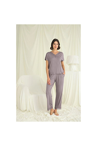 Narnuga Short Sleeve V-Neck Lace Pajama Set