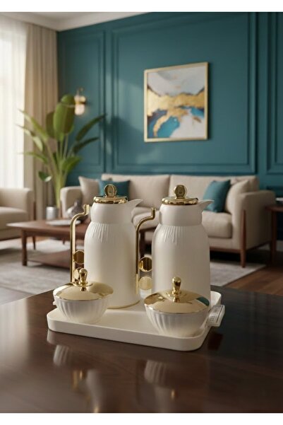 Generic 5-piece tea and coffee thermos set with serving tray, sugar container...