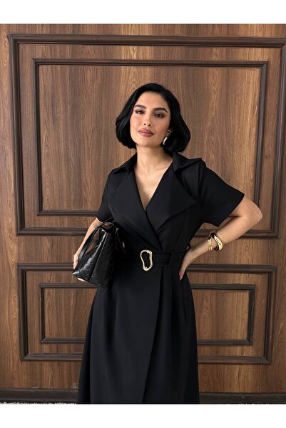 Monapera Kadın Kruvaze Yaka Gold Kemerli Midi Atlas Elbise