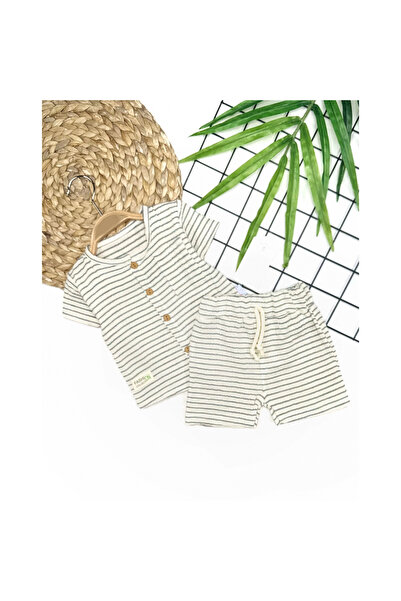 Narnuga Mi̇rayli̇fe 9-12-18-24 Months Button Detailed Striped Muslin Fabric S...