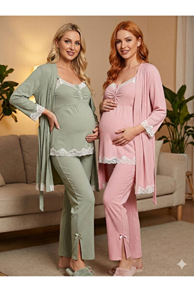 Lohussa New Season Pink Ribbed Straps Special Design Maternity Dressing Gown,...