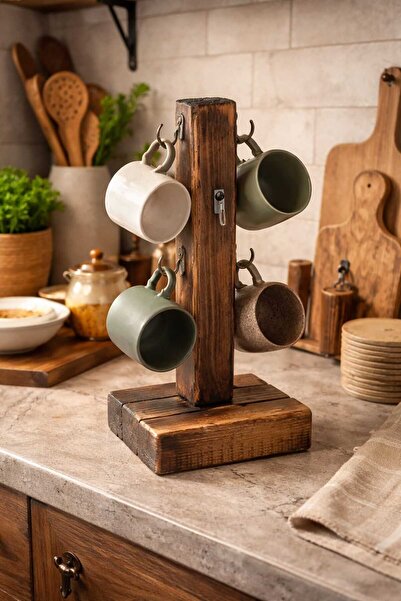 Yediotuz Rustik Masif Ahşap El Yapımı Kupa Askılığı - 6 Bölmeli Modern Kahve ...