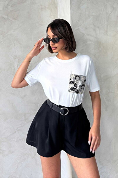 Caddebostan Moda Women's Lace Pocket Detailed Short Sleeve Crew Neck Cotton K...