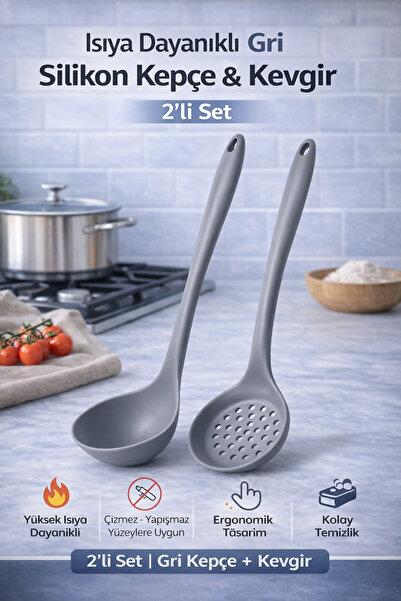 Ekostem Silikon Kepçe Kevgir Seti 2’li – Isıya Dayanıklı, Çizmez, Yapışmaz Te...