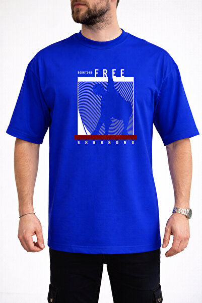 caddekombin Men's Born to Be Free Text Printed Crew Neck Saks Blue T-Shirt
