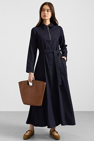Olcay Shirt Collar Zipper Detailed Flared Denim Dress Dark Blue 9389-E