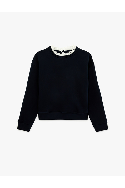 Koton Ruffled Long Sleeve Lace Detailed Crew Neck Sweatshirt