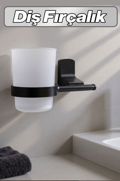 Badem10 Siyah Lüx Diş Fırçalık Vidalı Banyo Aksesuarı Modern Tasarım Duvara M...