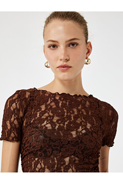 Koton Semi-Sheer Short Sleeve Round Neck Lace T-Shirt