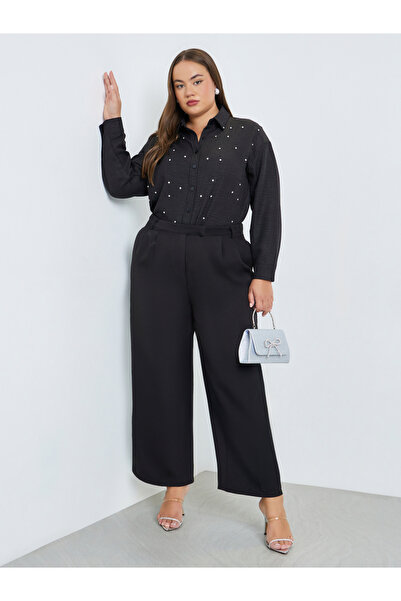 Styli Plus Size Women Black Wide Leg Trousers