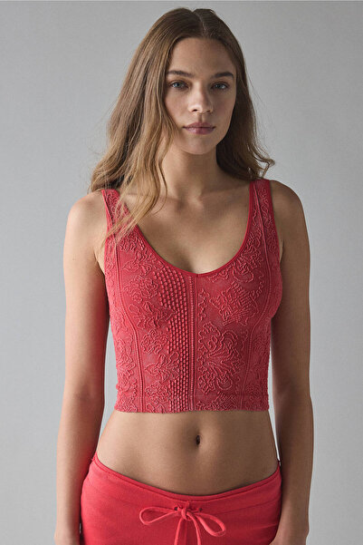 Out From Under for Urban Outfitters V Yaka Batik Yıkamalı Kırmızı Jakar Crop ...