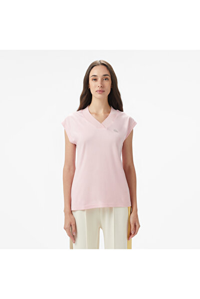 Lacoste Kadın Slim Fit V Yaka Açık Pembe T-Shirt