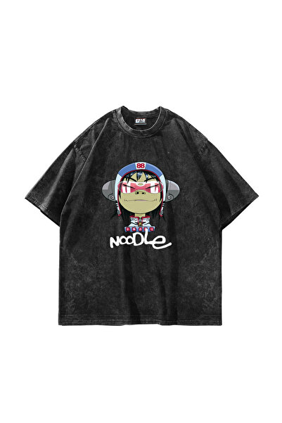 Sekizbiraltı Gorillaz Noodle Printed Oversize Unisex Washable Black Tshirt