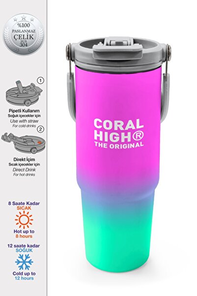 Coral High Kids Pink Water Green Color Transitioning Thermos with Straw and D...