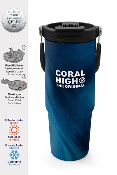 Coral High Colorful Patterned Steel Thermos with Straw and Direct Drinking Fe...