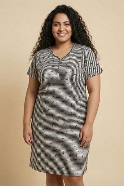 Flamingo Siyah Çizgili Kuş Desenli Pamuklu Kısa Kol Rahat Kalıp Kadın Elbise