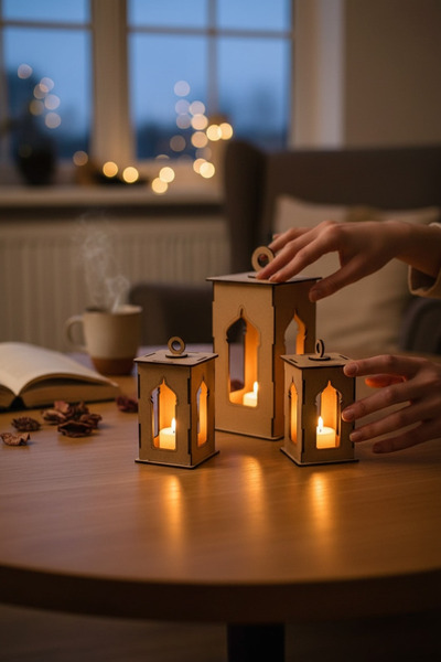 FREFLY Ramazan feneri MDF BOYANABİLİR 1 Adet 10x20 cm pilli led Mumlu Dekorat...