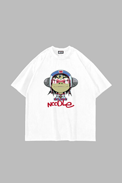 Sekizbiraltı Gorillaz Noodle Printed Oversize Unisex White Tshirt