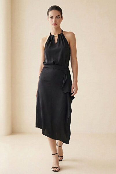 Setre Black Full-Fit Skirt with Waist and Fabric Detail