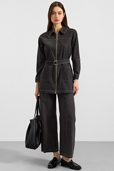 Olcay Zipper Closure Wide Leg Denim Double Suit Anthracite 9392-Tk