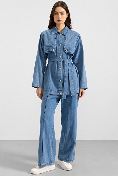 Olcay Cape and Metal Buttoned Jacket Trousers Denim Two-Piece Set Blue 9393-Tk