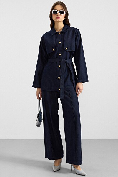 Olcay Cape and Metal Buttoned Jacket Trousers Denim Two-Piece Set Dark Blue 9...